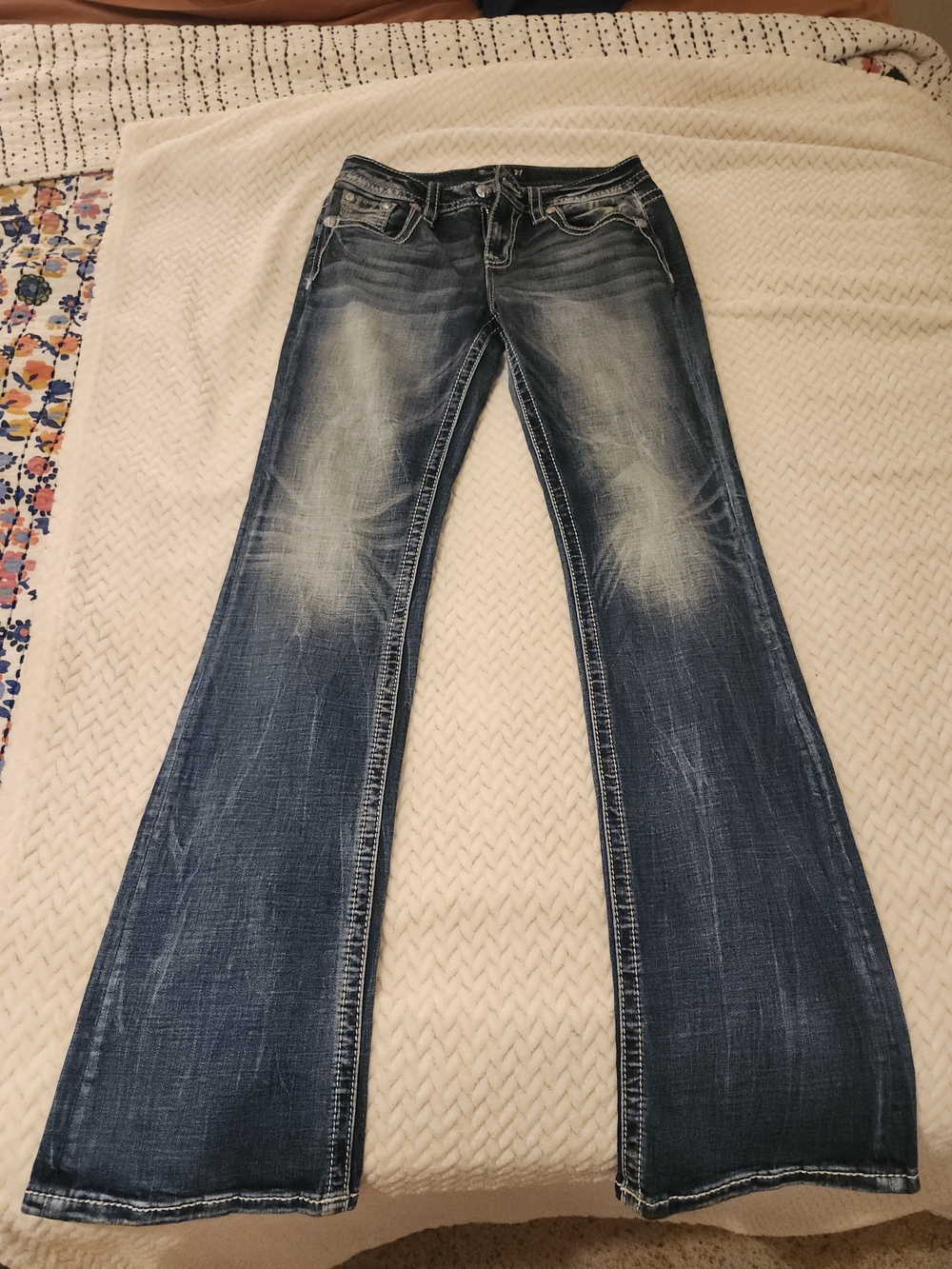 Miss Me Distressed Flare Jeans in Dark Blue Wash